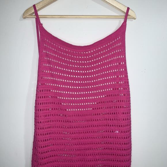 Crochet Knit Long Spaghetti Straps Fuchsia Pink Bathing Suit Coverup Size L/XL - Picture 3 of 15